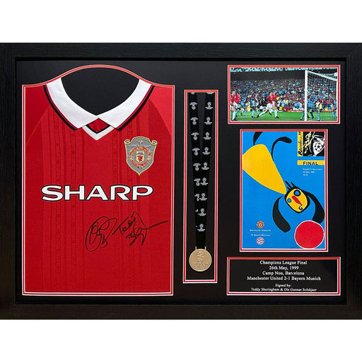 Manchester United FC 1999 Solskjaer & Sheringham Signed Shirt & Medal (Framed) - Excellent Pick